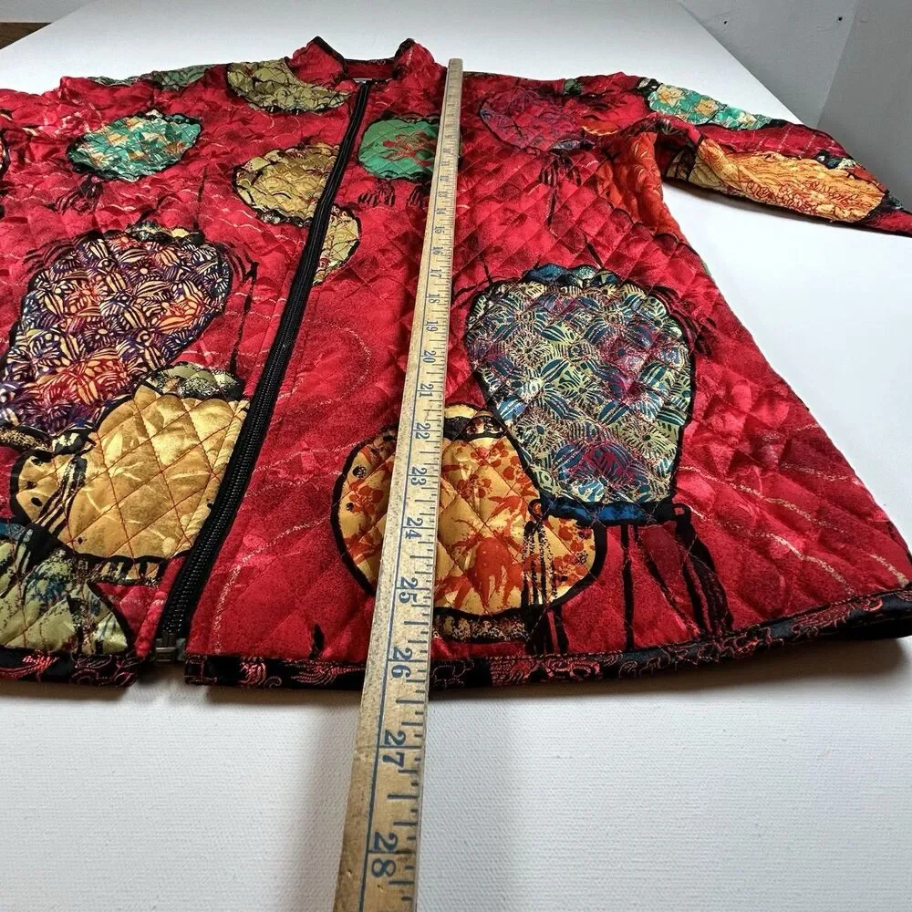 Chico's Silk Quilted Jacket Womens Sz 2 (L) Red Chinese Lantern Print Zip Front